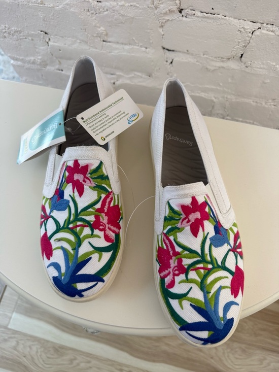 BareTraps Shoes - Baretraps White Slip-On Sneakers with Pink & Blue Floral Embroidery